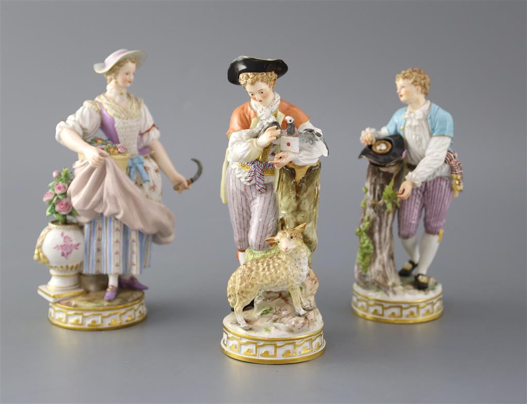 Three Meissen porcelain figures, late 19th century, 18cm - 19cm high